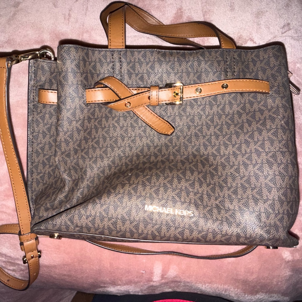 Michael Kors Brown Logo Messenger Bag with Tan Trim